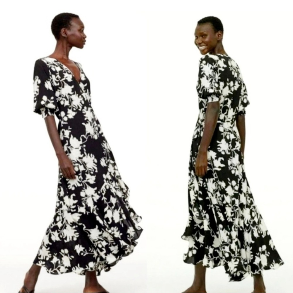 Johanna Ortiz x H&M Creped Orchid Maxi Wrap Dress‎ Small Black White